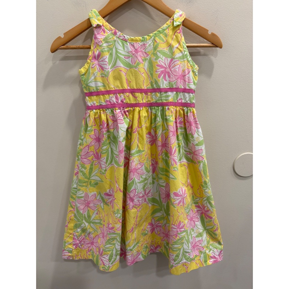 Vintage Lilly Pulitzer Girls Yellow Pink Elephant Floral Bow Dress Size 7 Preppy